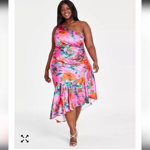 Eliza J Plus Size Printed Asymmetric-Neck One-Shoulder Dress